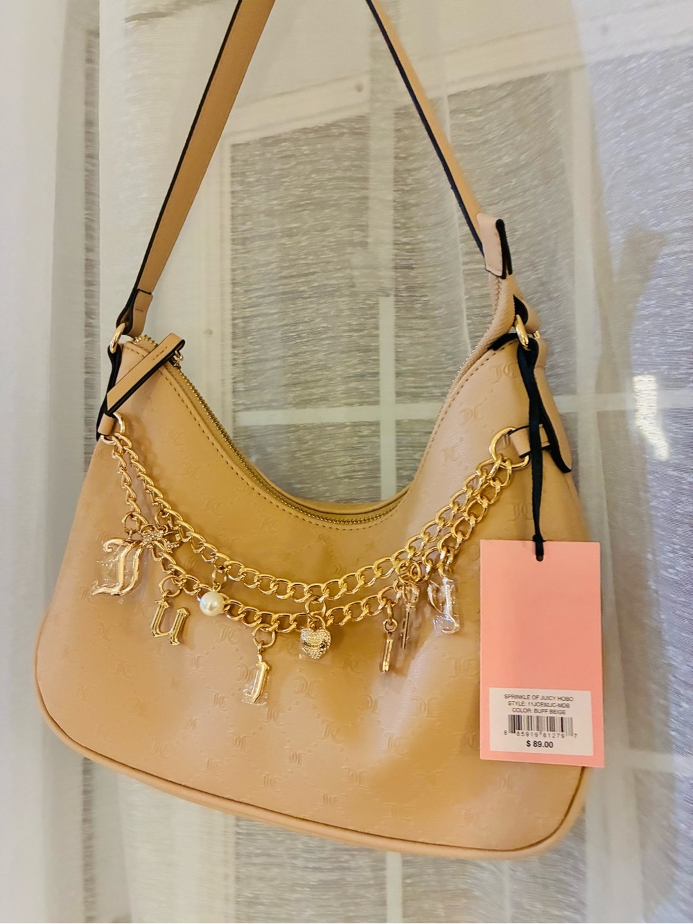Juicy Couture Beige Shoulder Bag with Gold Charm Chain